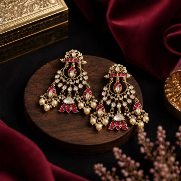 Luxury traditional gold earrings with pink stones and pearl drops.