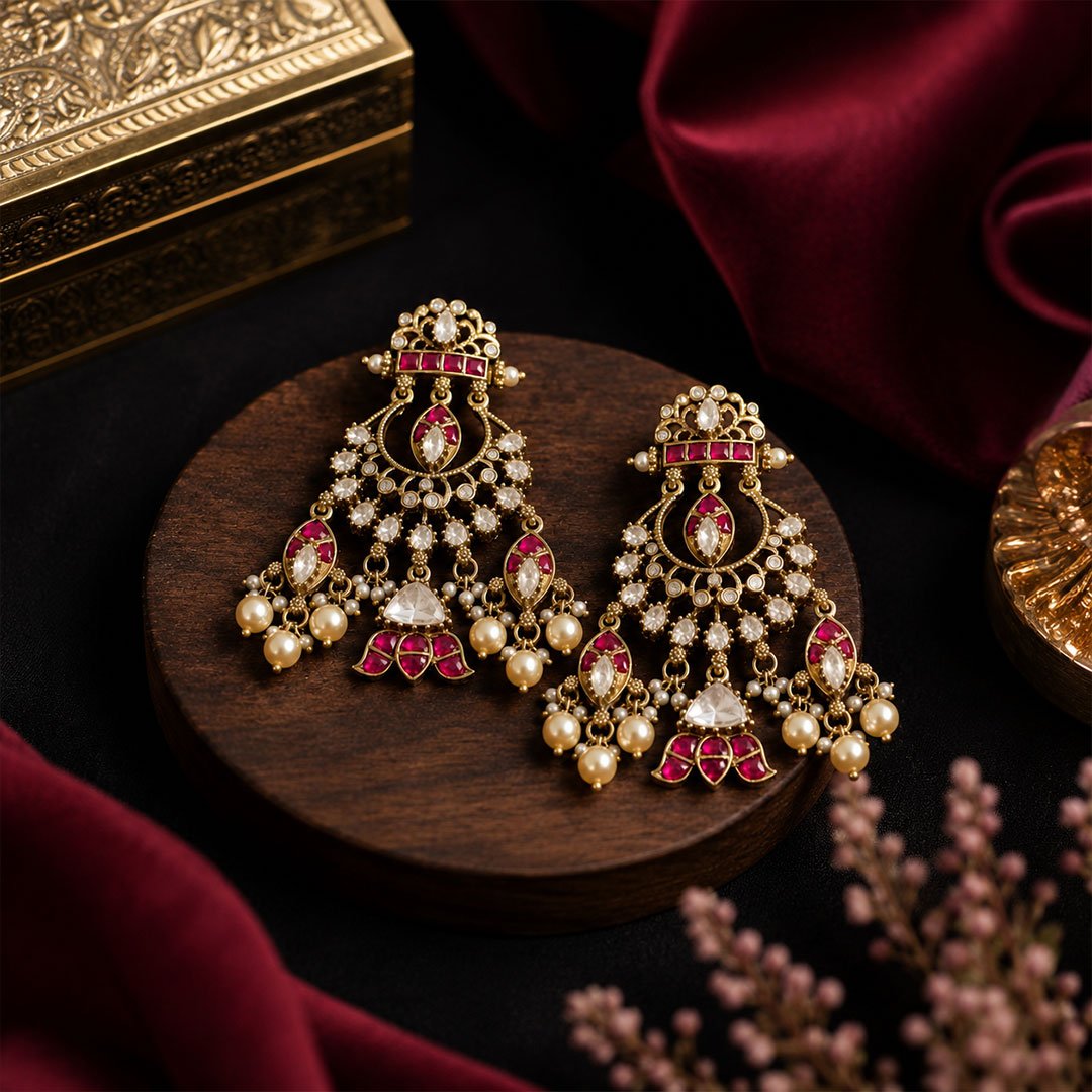traditional-gold-earrings Luxury traditional gold earrings with pink stones and pearl drops.
