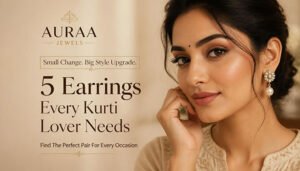 Woman wearing statement earrings with a simple cotton kurti